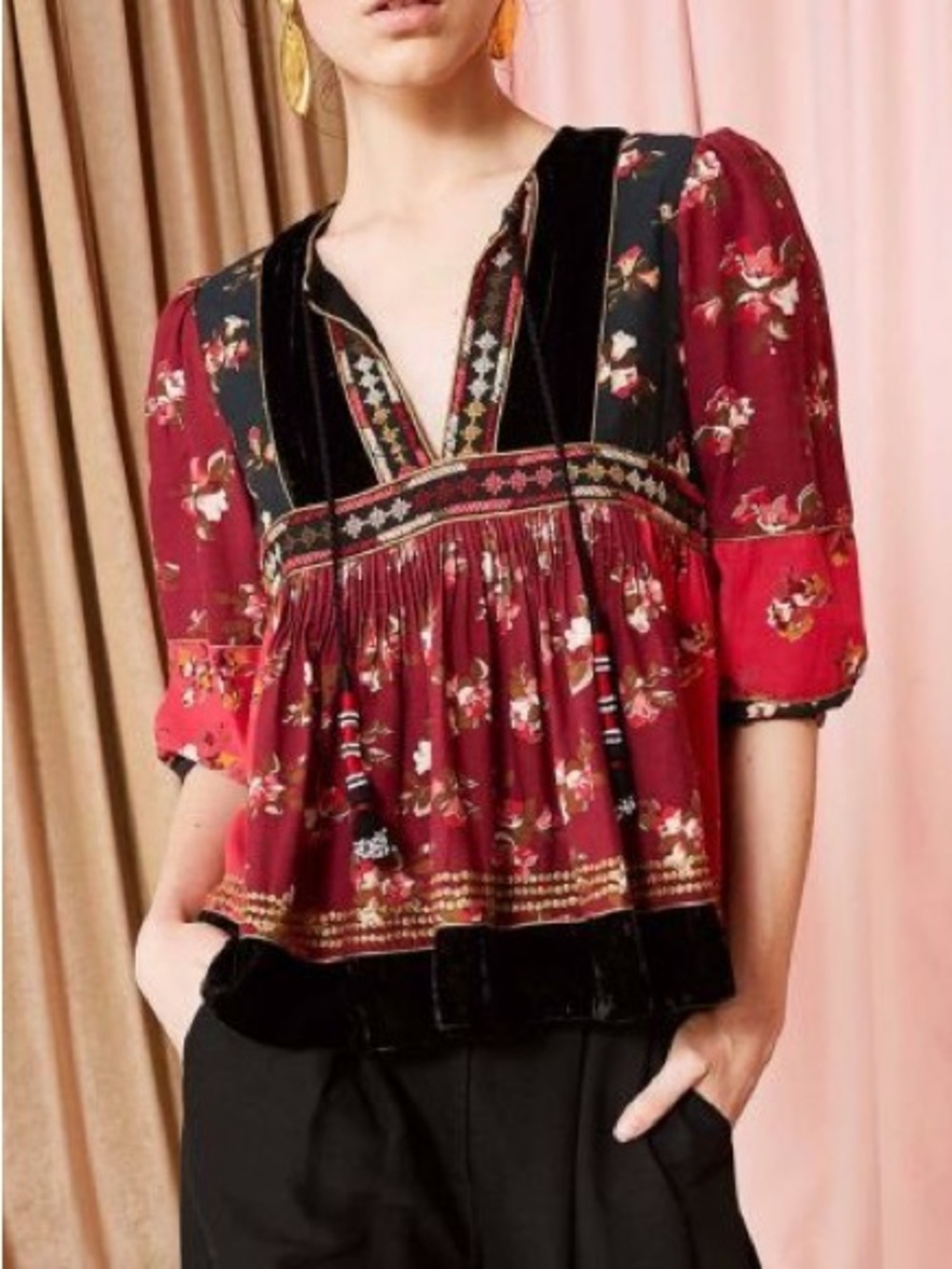 Ulla Johnson Bijana Patchwork Blouse Velvet Trim Floral Embroidered Top Sz 6